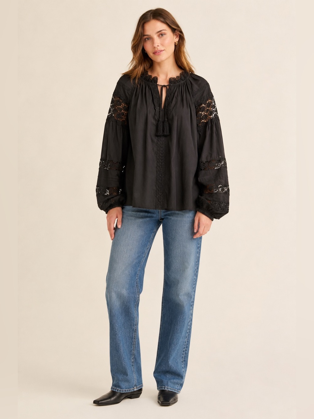 En Saison Black Lace Inset Peasant Blouse Balloon Sleeve - Picture 8 of 8